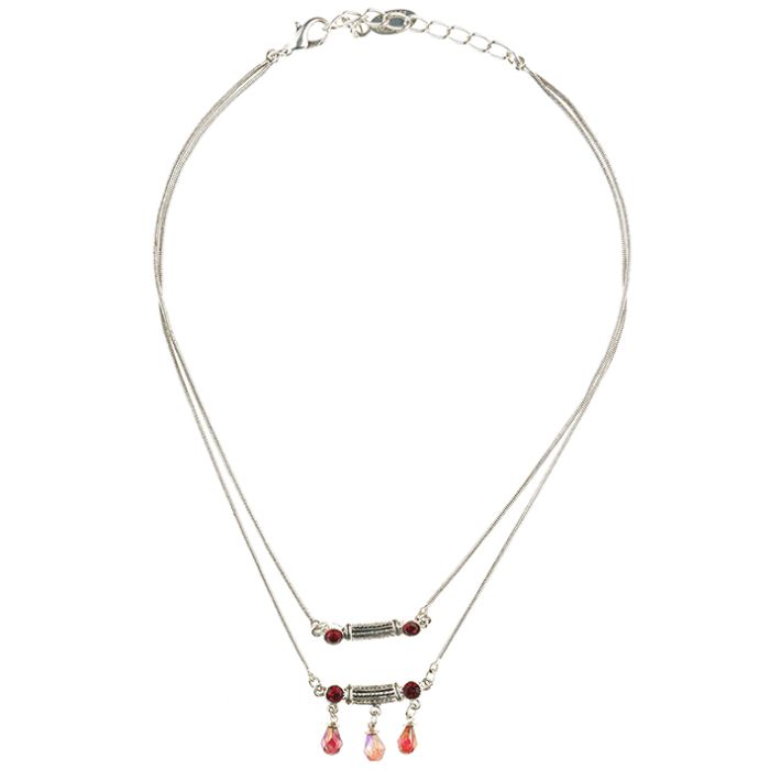 UG097-01 Necklace with rhinestones and stones, red