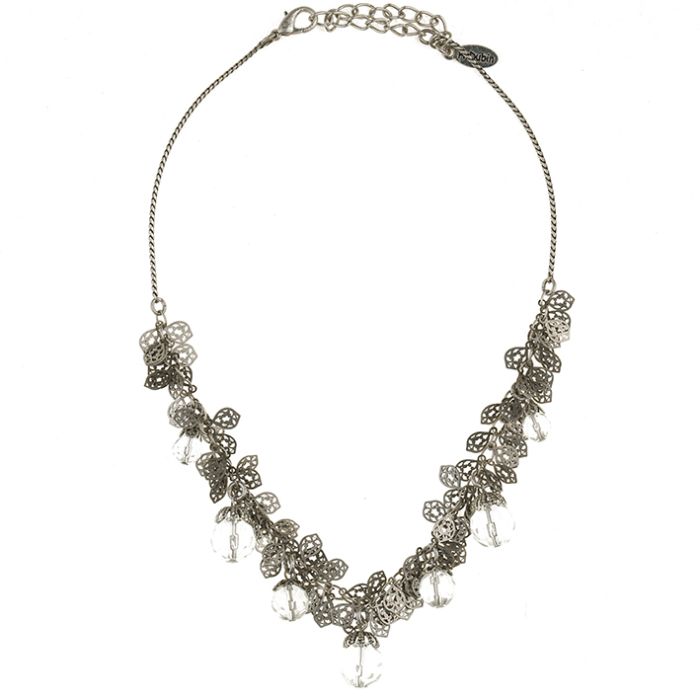 UG105-01 White crystal and leaf necklace